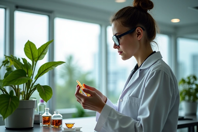 A serene image of a scientist carefully examining natural plant extracts in a modern, clean laboratory setting, symbolizing research and natural product development.