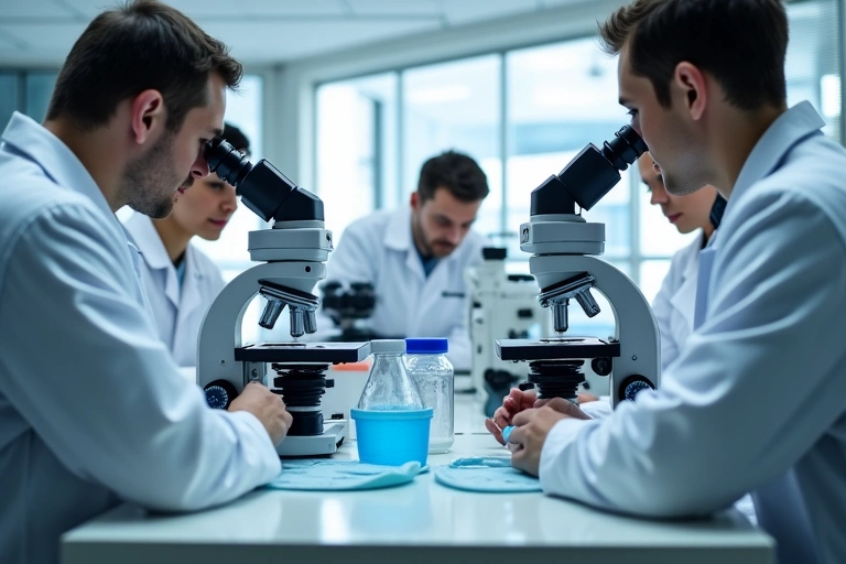 A detailed shot of quality control testing in a pristine laboratory, with technicians in lab coats examining samples under microscopes and using advanced machinery, symbolizing rigorous testing.