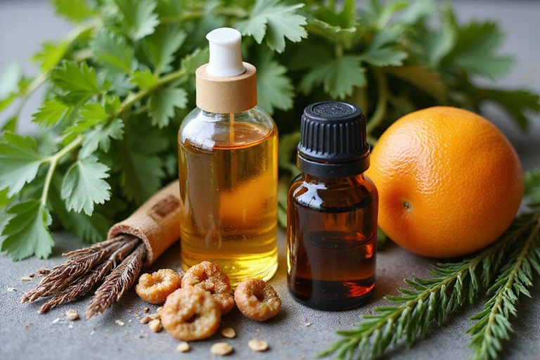 A vibrant close-up of fresh, organic ingredients like herbs, fruits, and essential oils, arranged aesthetically to represent purity and natural sourcing.